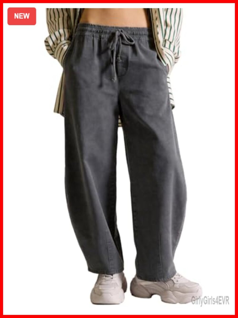 Cotton Barrel Wide Leg Trousers with Pockets High Waist Pull On
